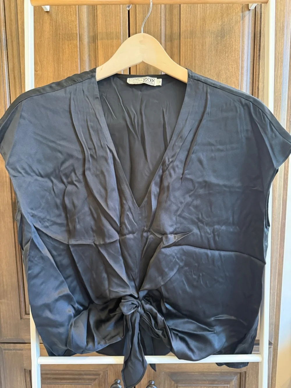 Silky V-Neck Tie-Front Blouse in black - Picture 3 of 5